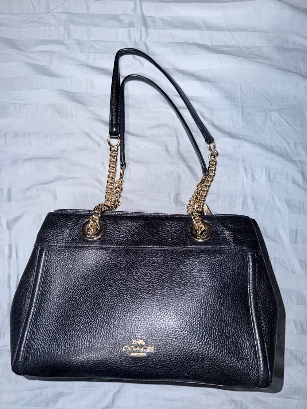 Coach Black Pebbled Leather Shoulder Bag with Gold Chain Straps